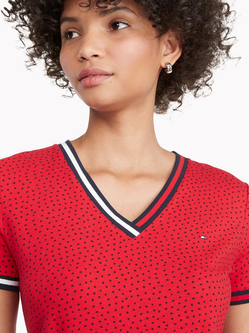 Női Tommy Hilfiger Essential V-Neck Dot Print Dresses Piros | HU 82OKI